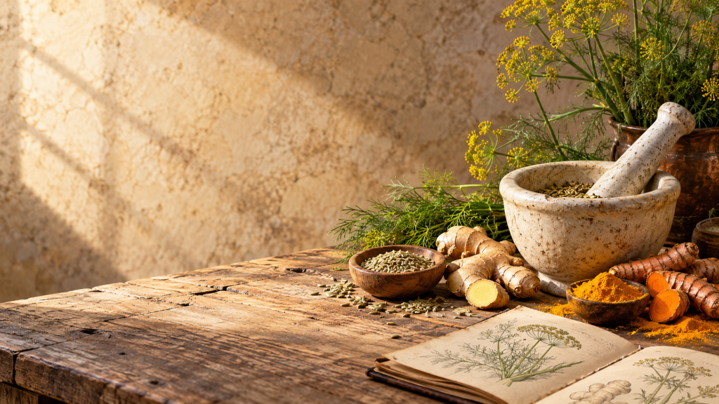 Représentation historique d'un atelier botanique d'apothicaire préparant des plantes médicinales traditionnelles.